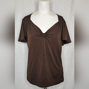 Anne Klein Dark Brown Gathered V-Neck Blouse W Flutter Sleeves Size L